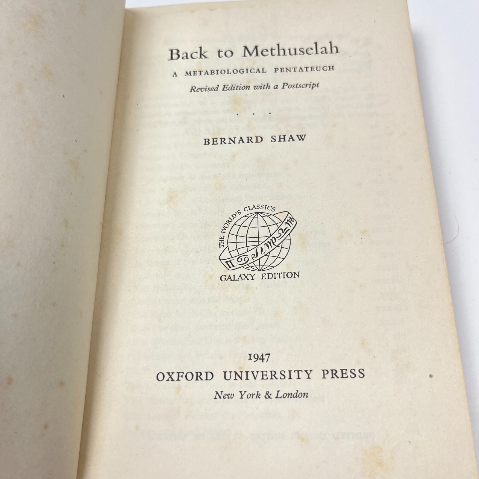 Back to Methuselah by George Bernard Shaw Oxford University Press 1947 Galaxy Ed