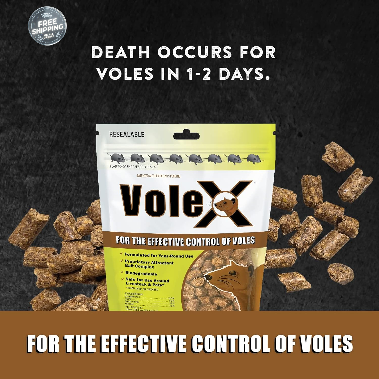 VoleX All Natural Non Toxic Vole Killer Pellets 8oz Safe for Crops Pets