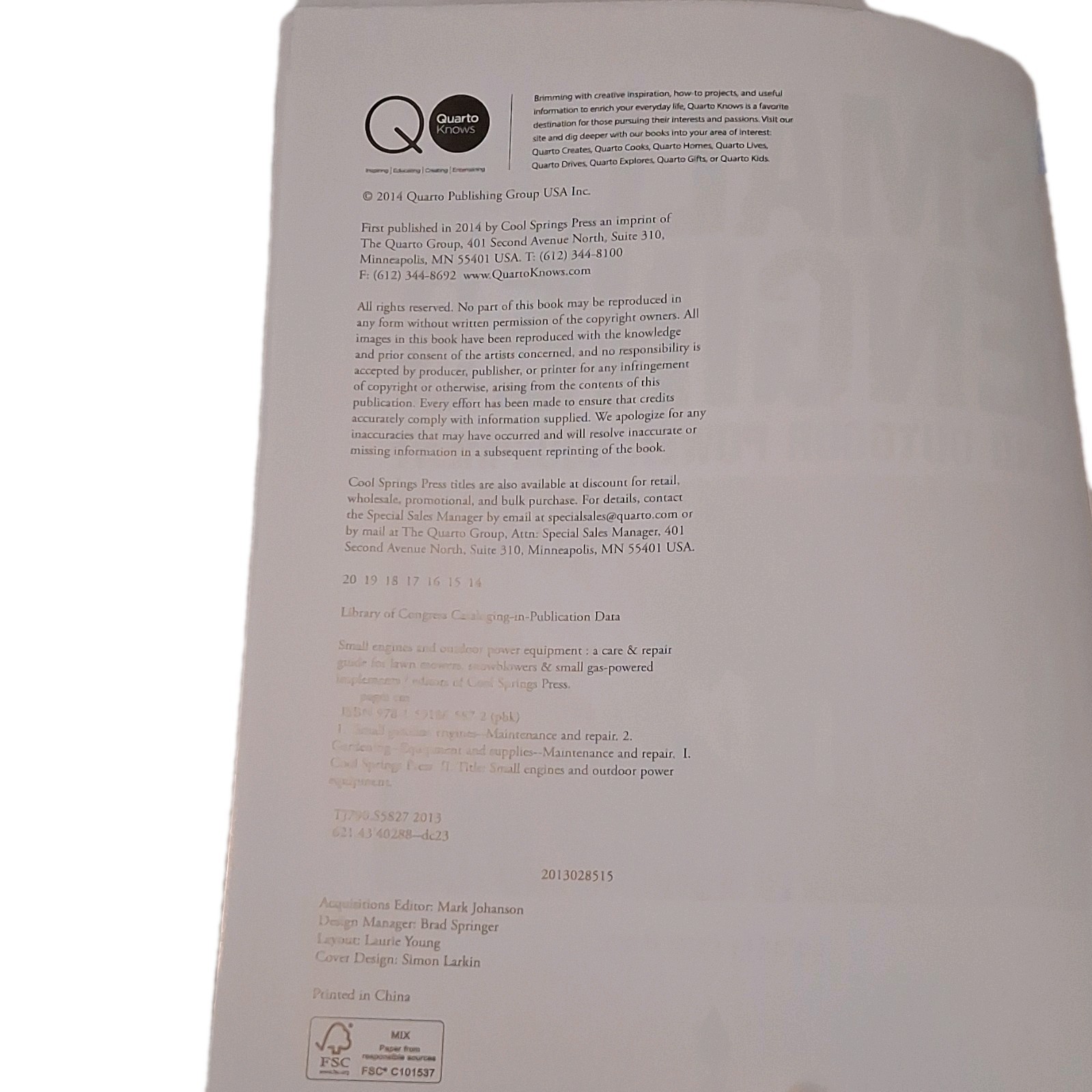 Cool Springs Press Small Engines & Outdoor Power Equipment 2014 TP Illus