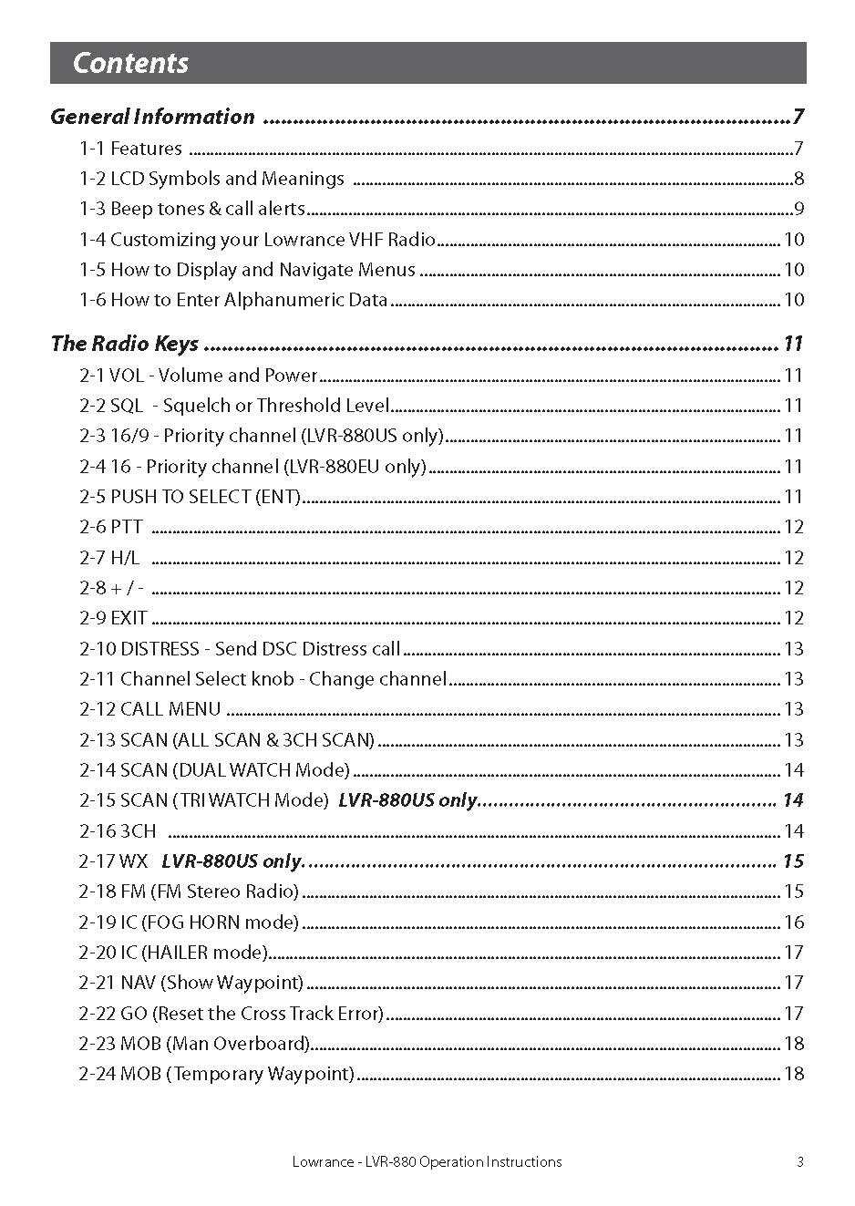 Lowrance LVR 880 VHF Radio Operator Manual Instructions: 76 Pages, Color, Coiled