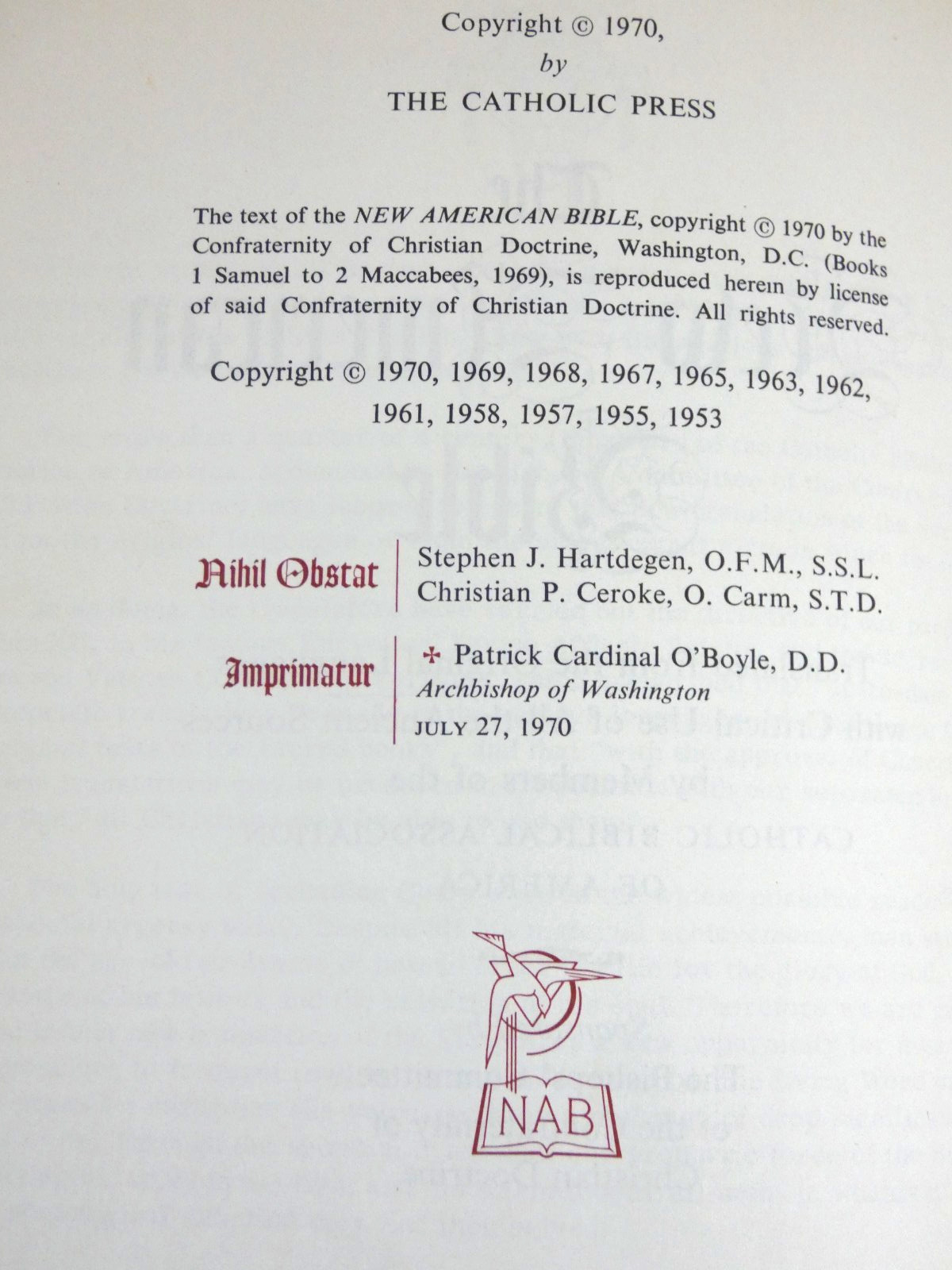 NEW AMERICAN BIBLE w Apocrypha Catholic Press Soft Cover 1971