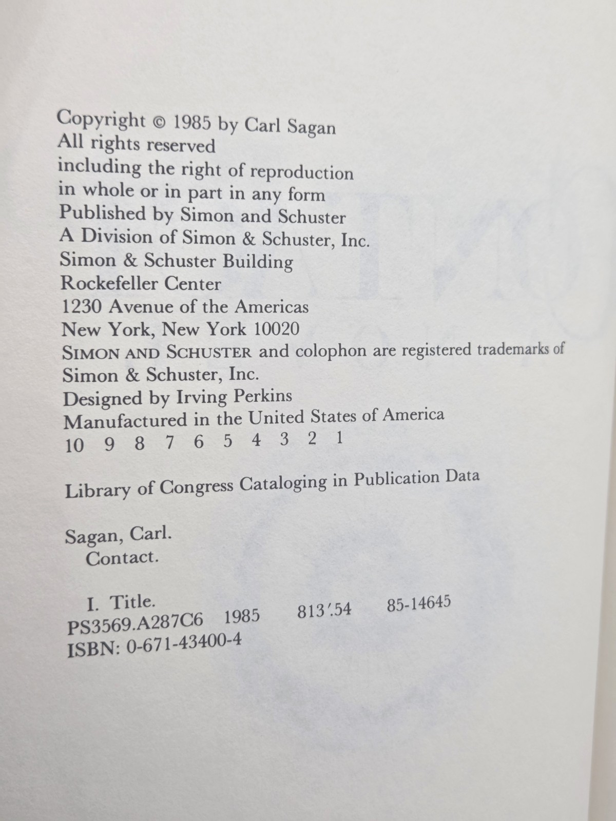 Contact Carl Sagan Simon and Schuster 1985 HC DJ 1st Ed/1st Printing VG