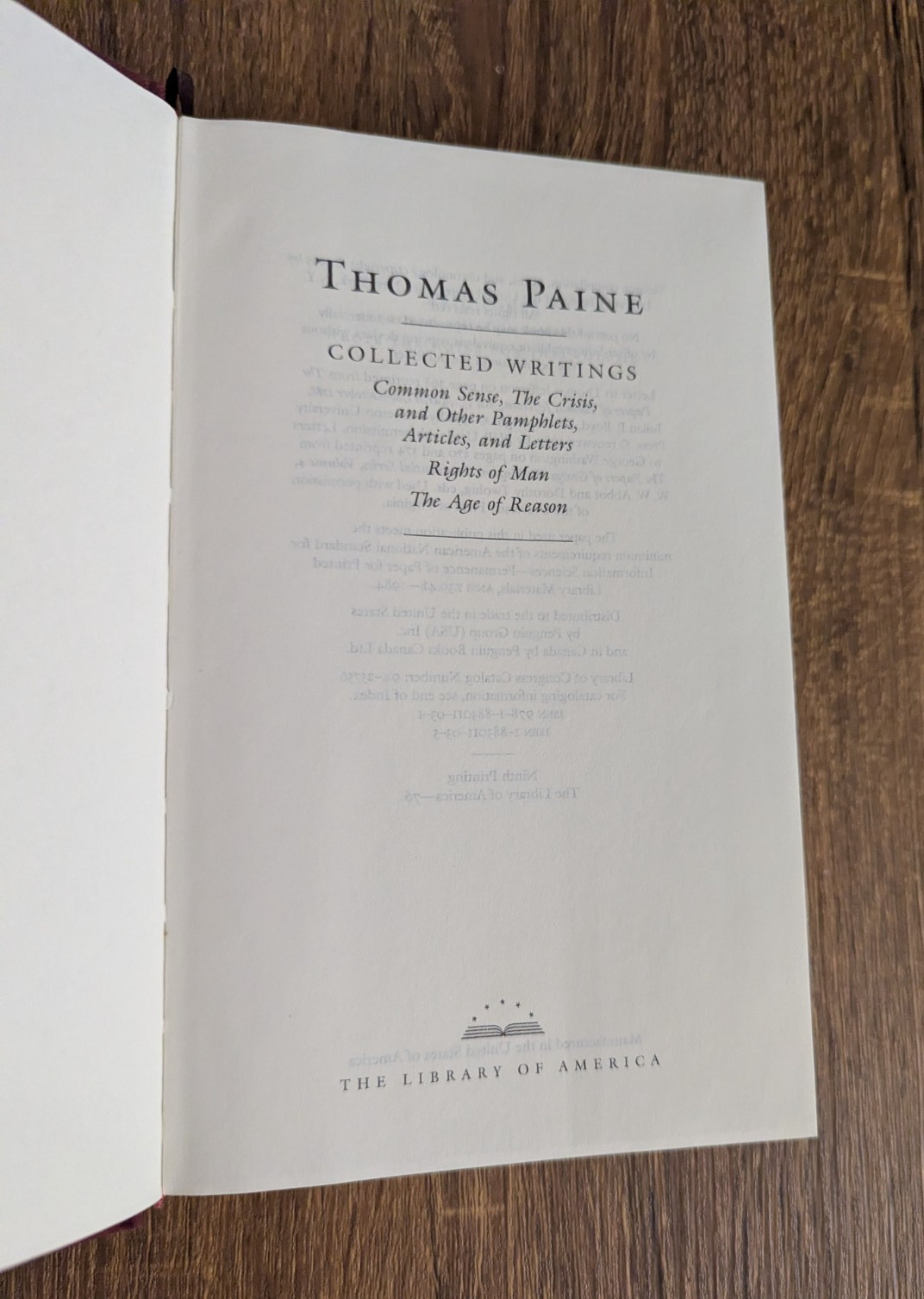 Library of America Thomas Pain: Collected Writings; Common Sense, etc. Hardcover
