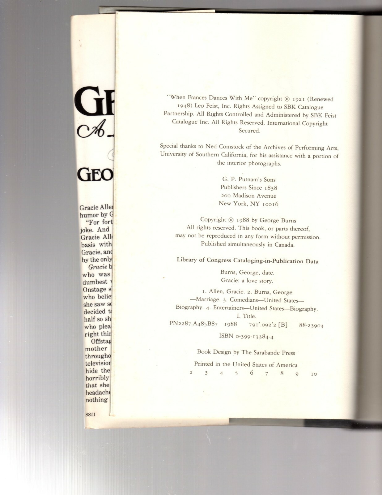 GRACIE: A LOVE STORY by George Burns 1988 HCDJ