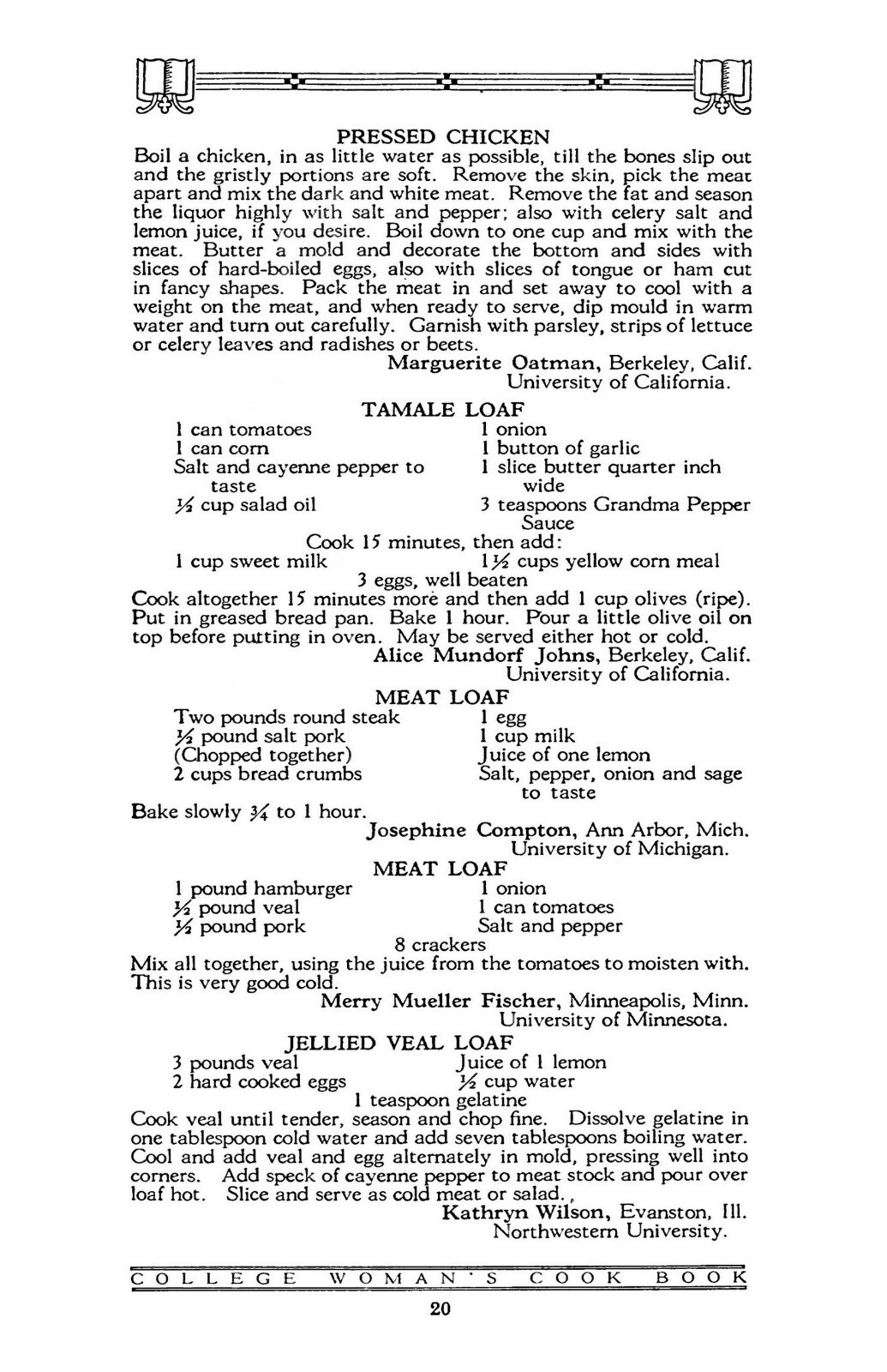 1923 The College Woman’s Vintage Cook Book 96 Pages