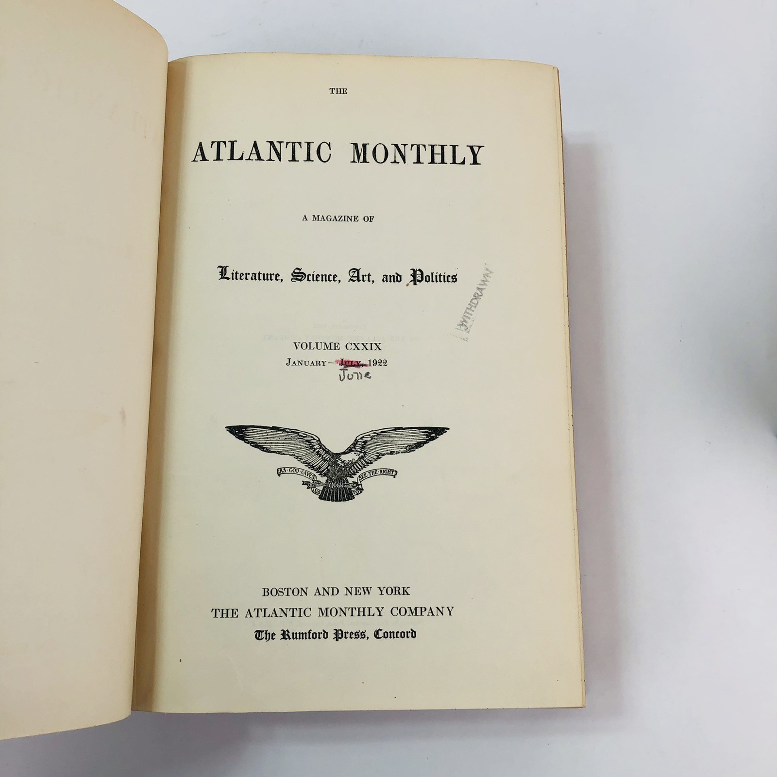 The Atlantic Monthly 1922 Magazine Book Bound Hardbound Volume 129-130