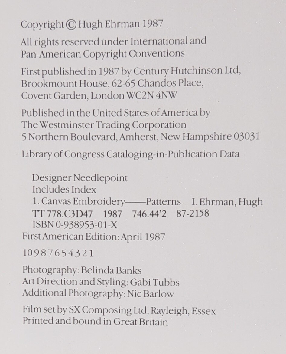 Designer Needlepoint 25 Exclusive Designs Hugh Ehrman 1987 Hardcover 126 Pages