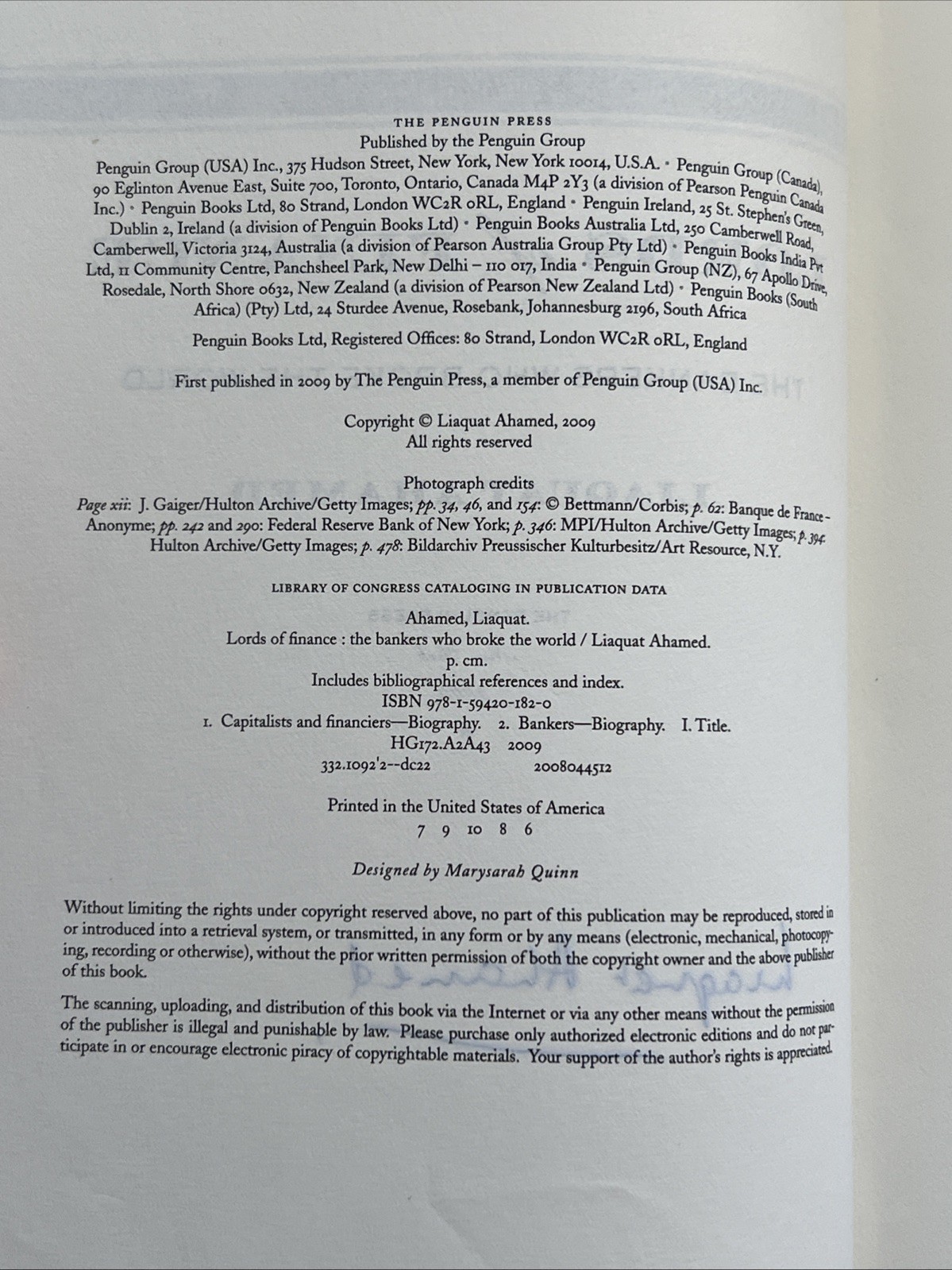 Lords of Finance The Bankers Who Broke the World *SIGNED By Ahamed Liaquat HCDJ