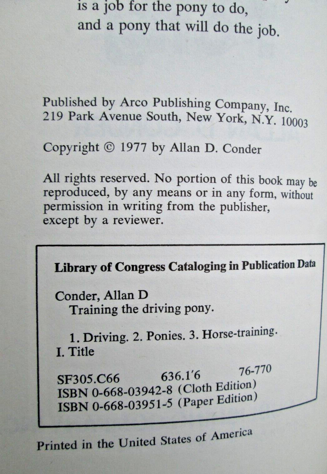 1977 Training the Driving Pony by Allan D. Conder Arco Pub. HC/DJ