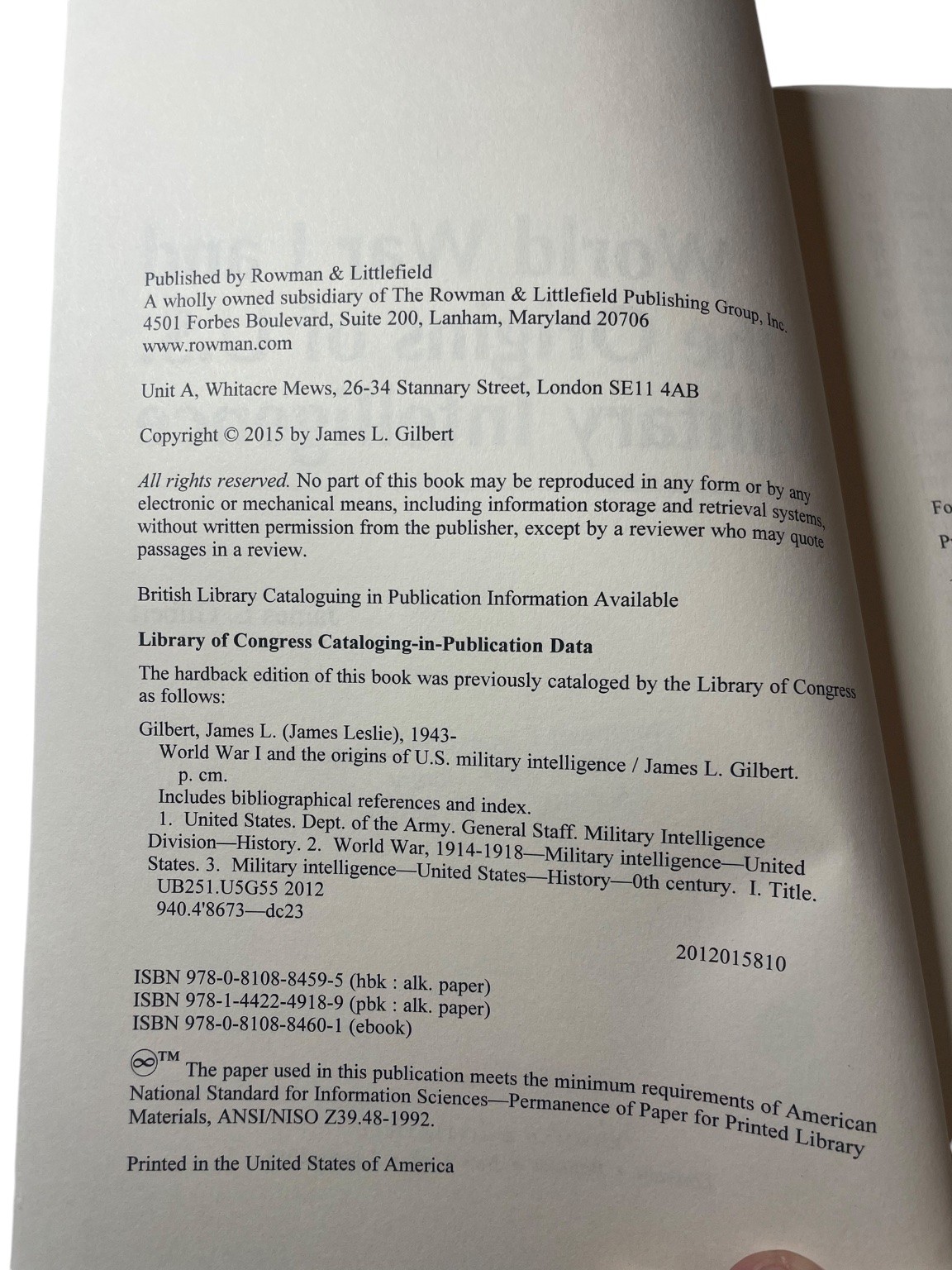 World War I & US Military Intelligence Gilbert 2015 Rowman & Littlefield History