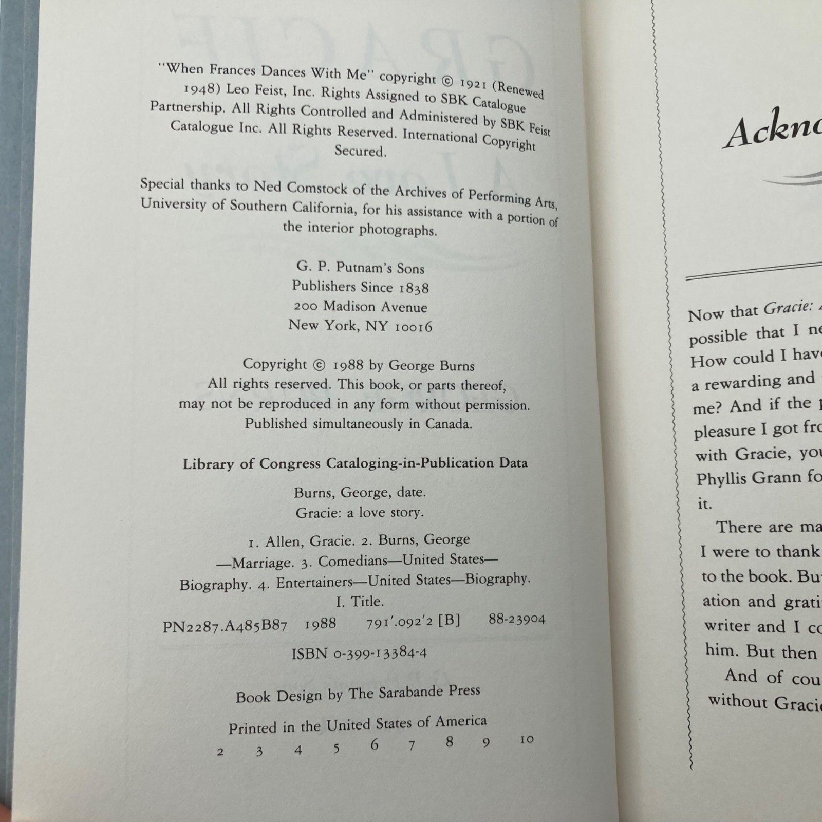 GRACIE A Love Story, George Burns 1988 Putnam Hardcover Dust Jacket Illustrated