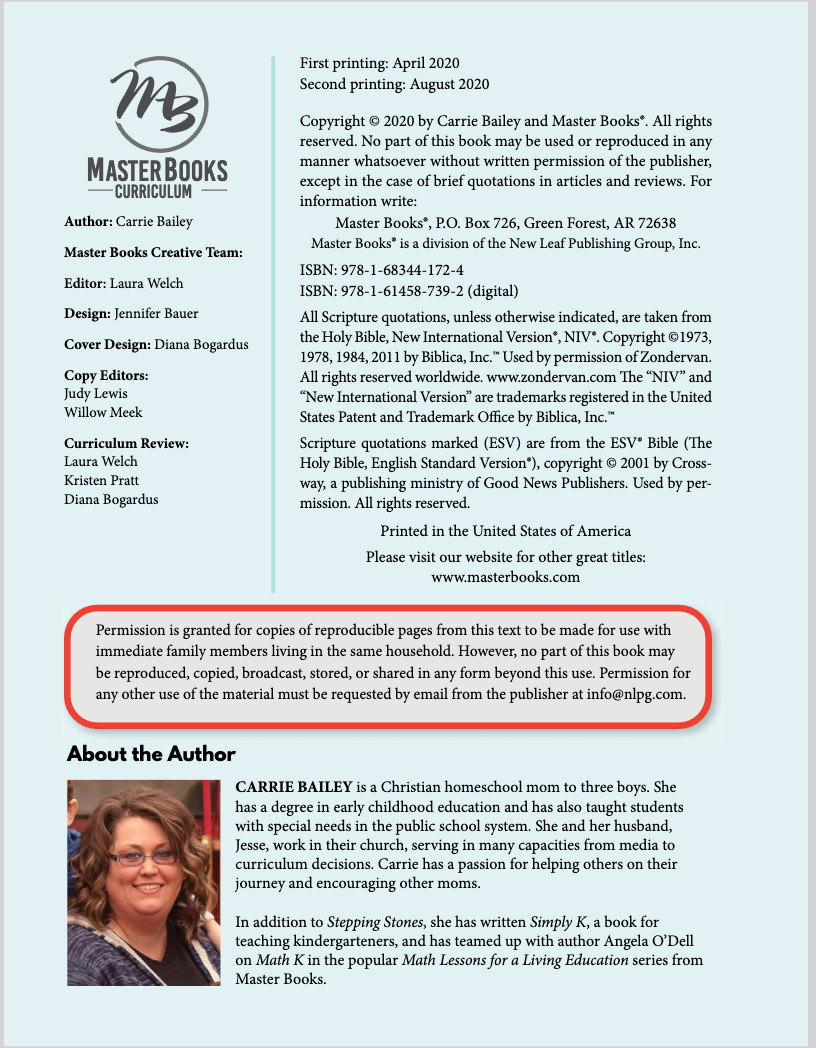 Masterbooks STEPPING STONES preschool curriculum ages 3-4 years MB homeschool