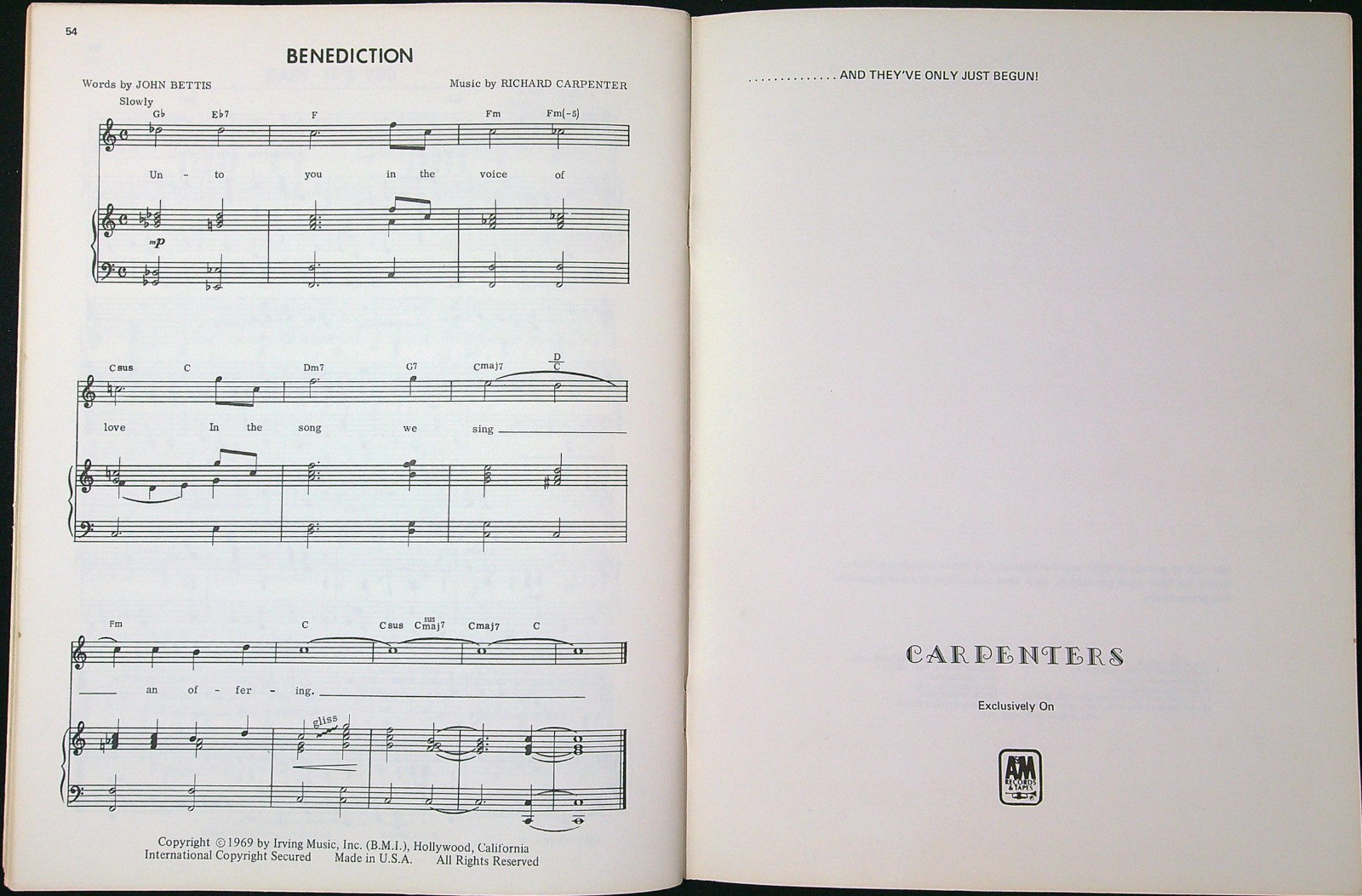 Carpenters Close To You Ticket To Ride 1969 Vintage Piano Vocal Music Book 838a