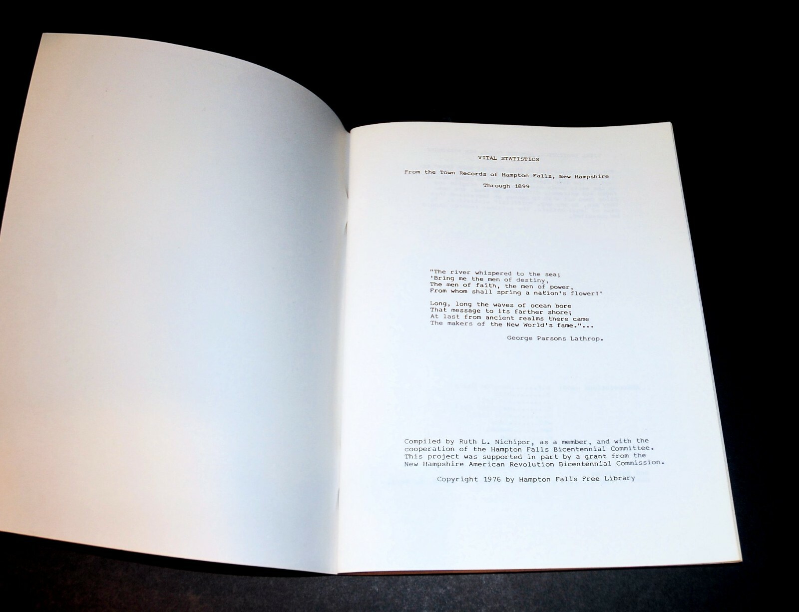 ‘Hampton Falls NH Vital Statistics’ Town Records thru 1899 by Nichipar 184 Pages