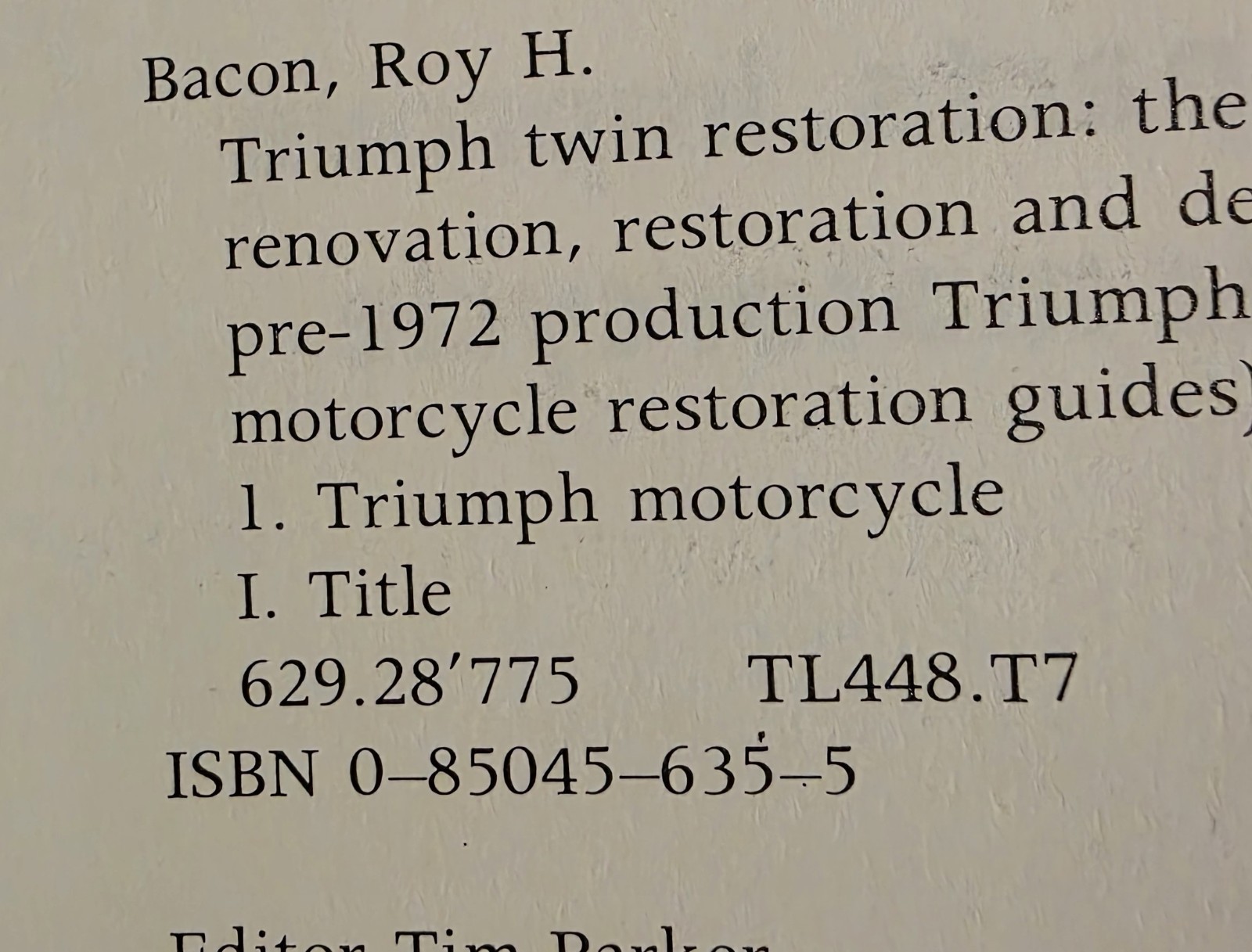 Triumph Twin Restoration by Roy Bacon Paperback 1977 Illustrated Motorcycles