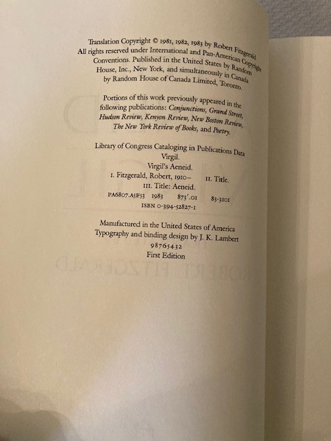 Aeneid by Virgil, Translated by Robert Fitzgerald, 1st ed., VGHC, free shipping