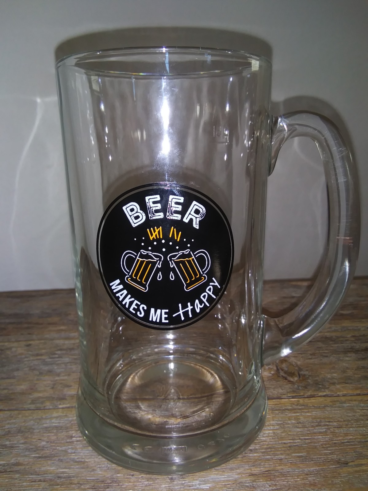 BEER Makes Me Happy Glass Mug with Handle – Thick & Heavy & Made in Italy – 16oz
