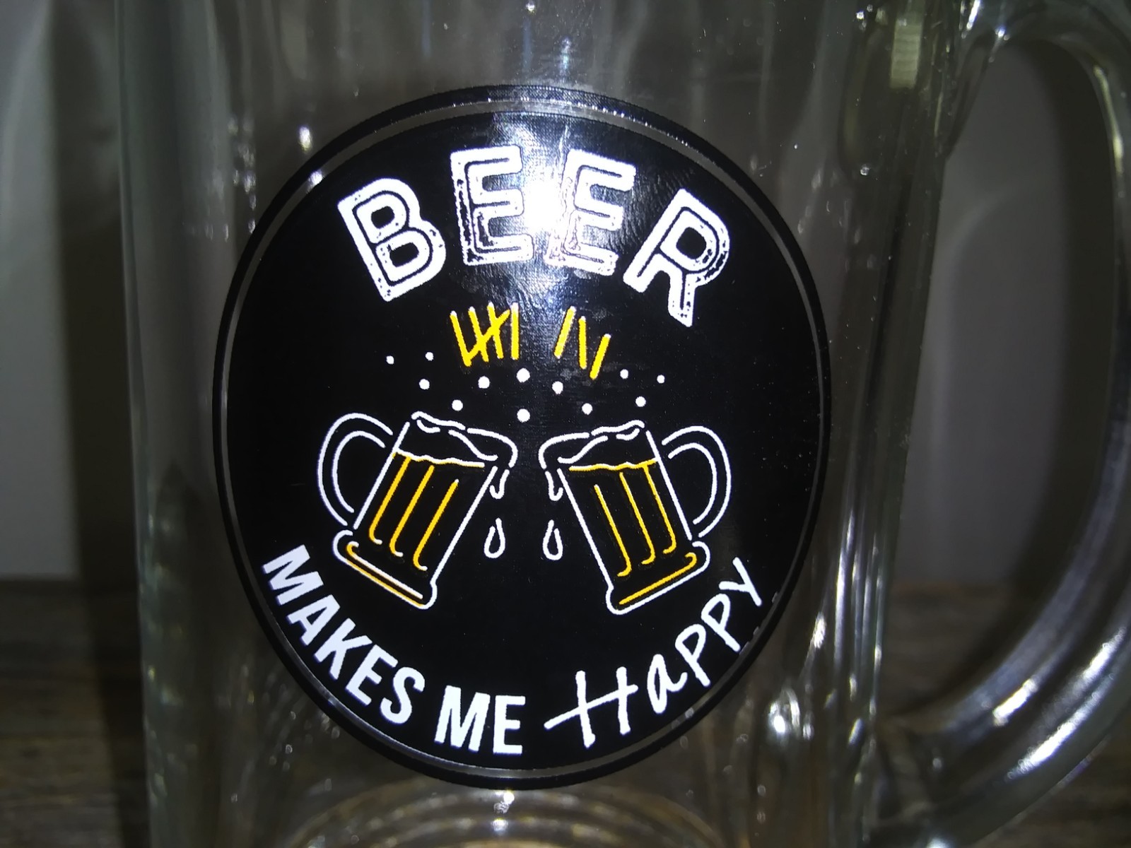 BEER Makes Me Happy Glass Mug with Handle – Thick & Heavy & Made in Italy – 16oz