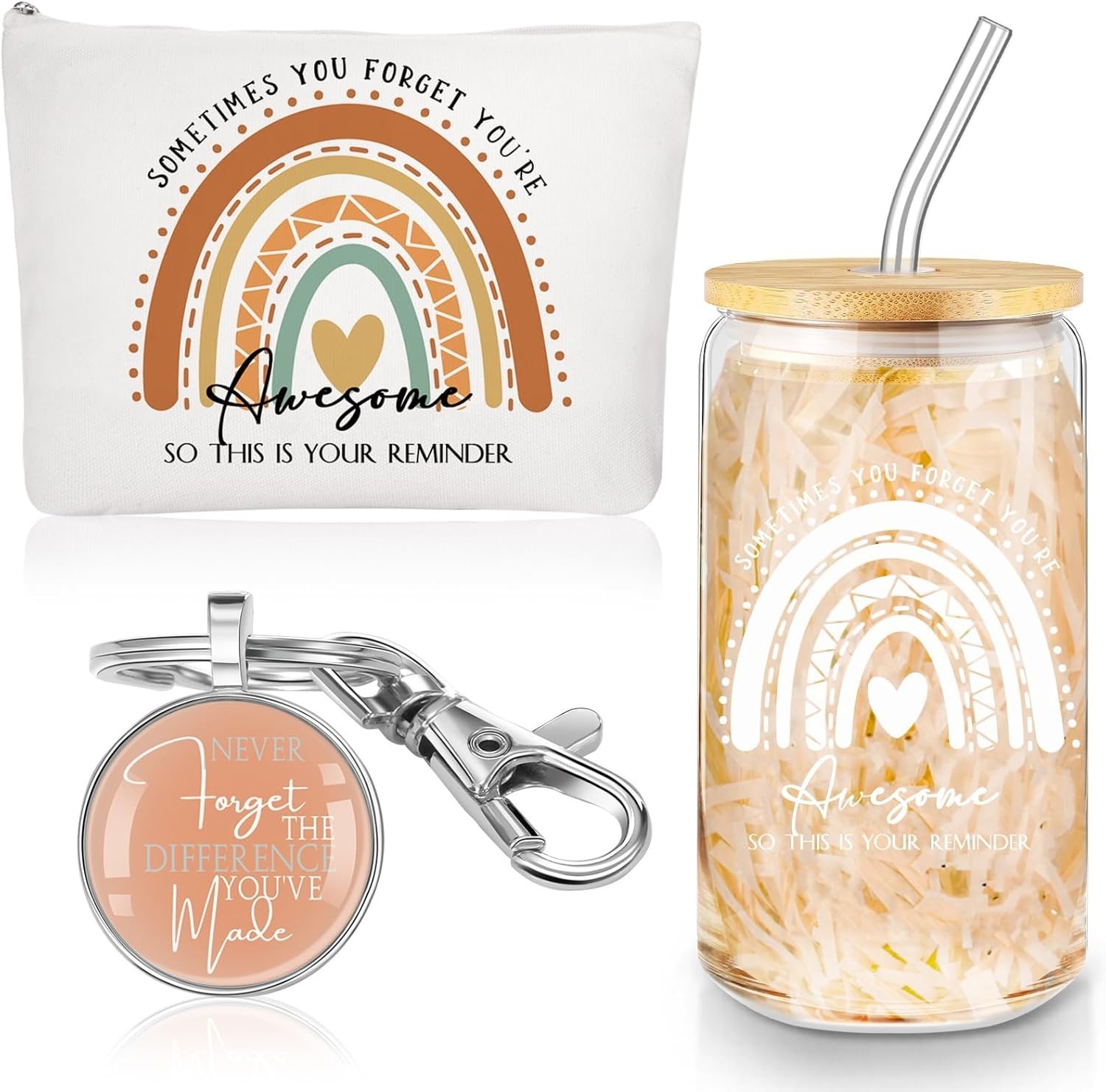 Colorful Superhero Appreciation Gift: 16oz Glass Tumbler, Makeup Bag & Keychain