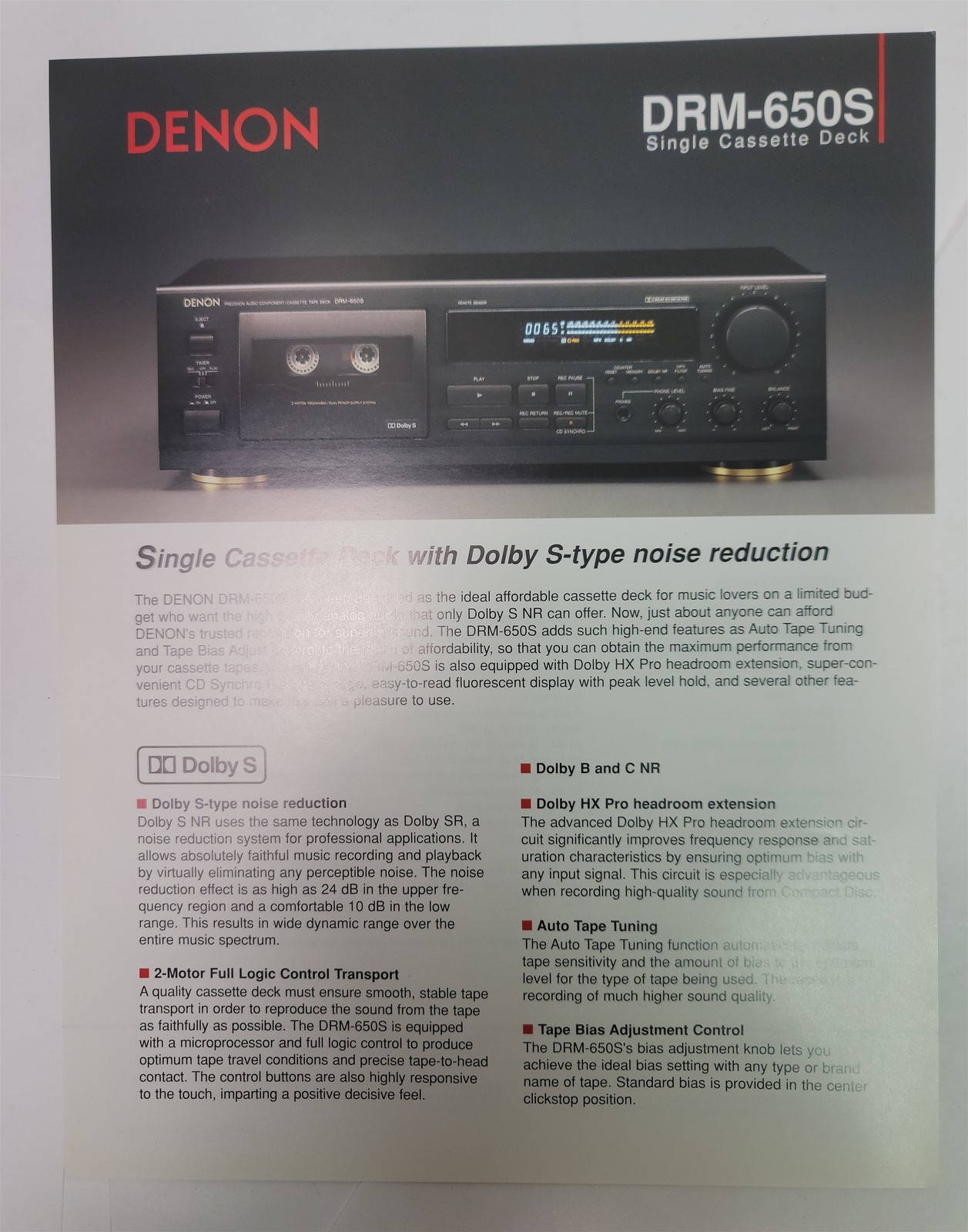 1990’s Denon DRM-650S Single Cassette Deck Brochure & Specs, Dolby S-type