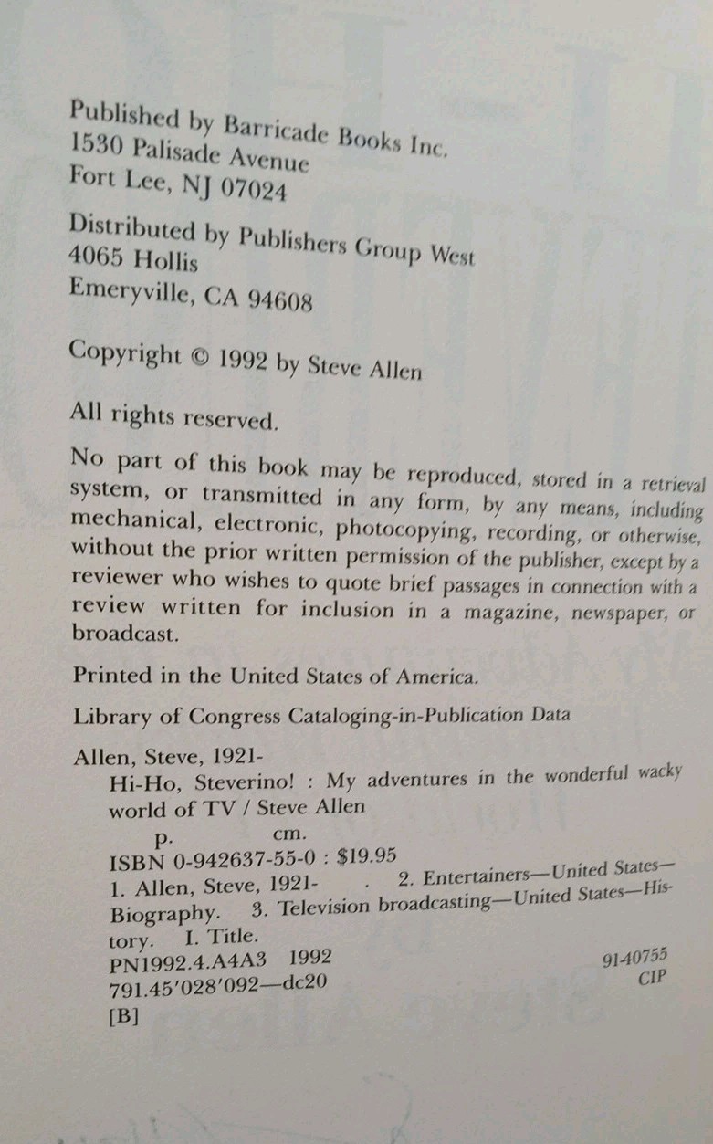 Hi-Ho, Steverino! by The Late Comedian Steve Allen SIGNED/Autographed HC/DJ 1992