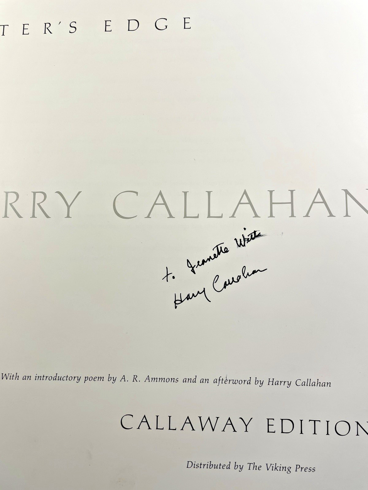 Water’s Edge INSCRIBED by Harry Callahan 1st Edition Hardcover/Dustcover VG+