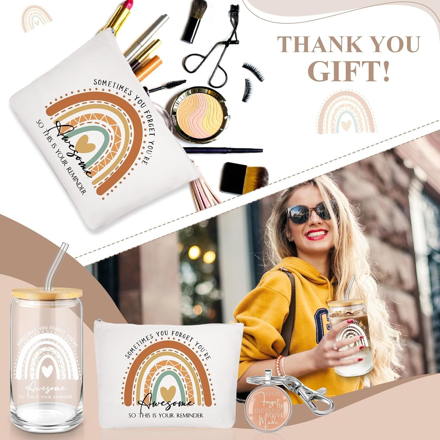 Colorful Superhero Appreciation Gift: 16oz Glass Tumbler, Makeup Bag & Keychain