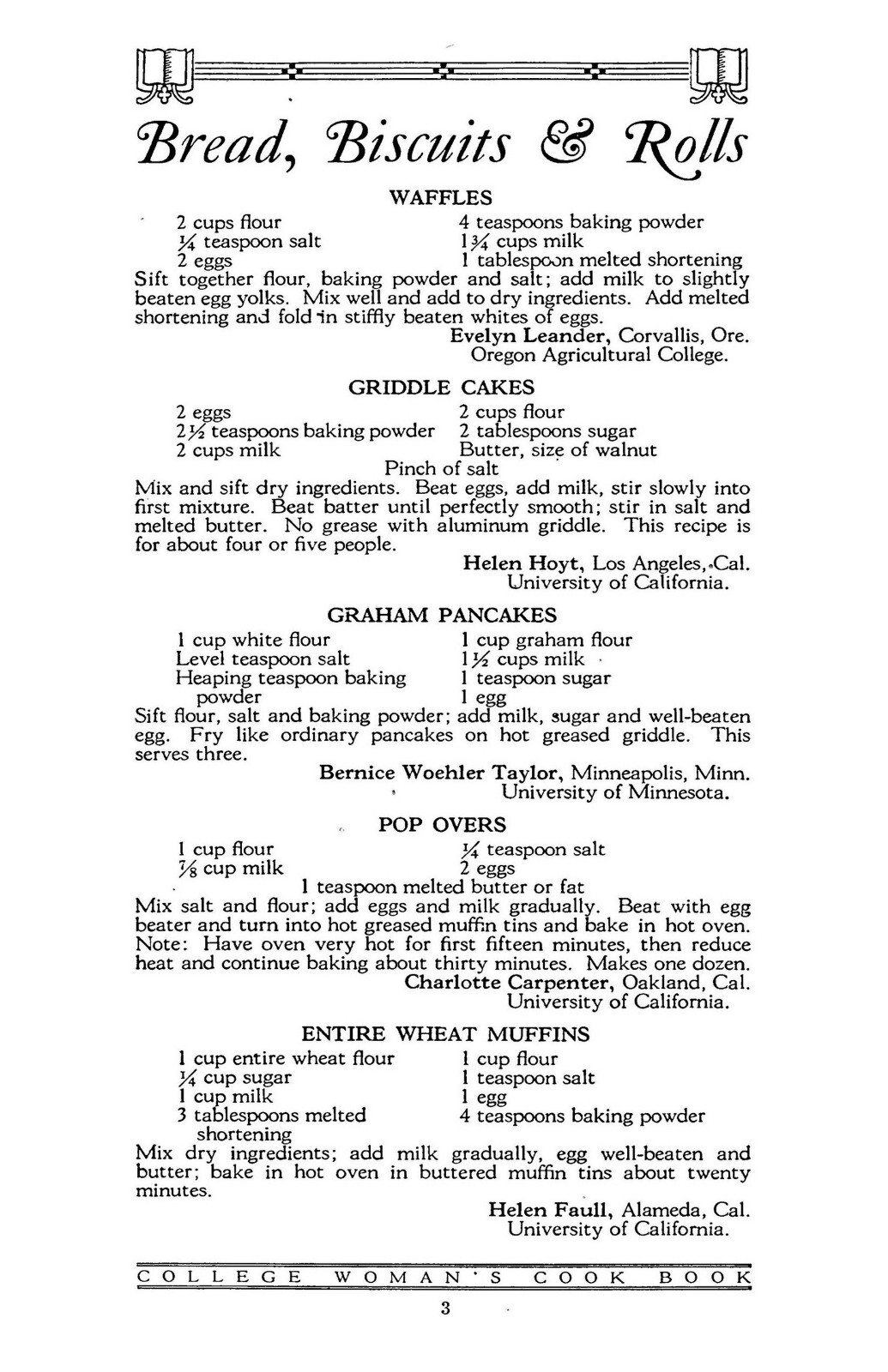 1923 The College Woman’s Vintage Cook Book 96 Pages