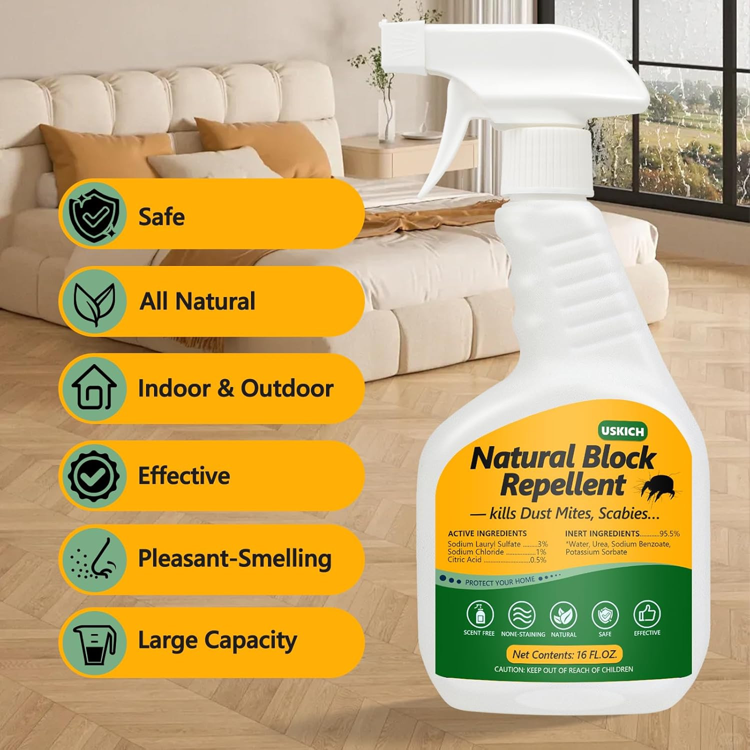 Mite Treatment Spray– 16 Oz – Kills Dust, Scabies, Spider, Carpet, Bird, Mouse &