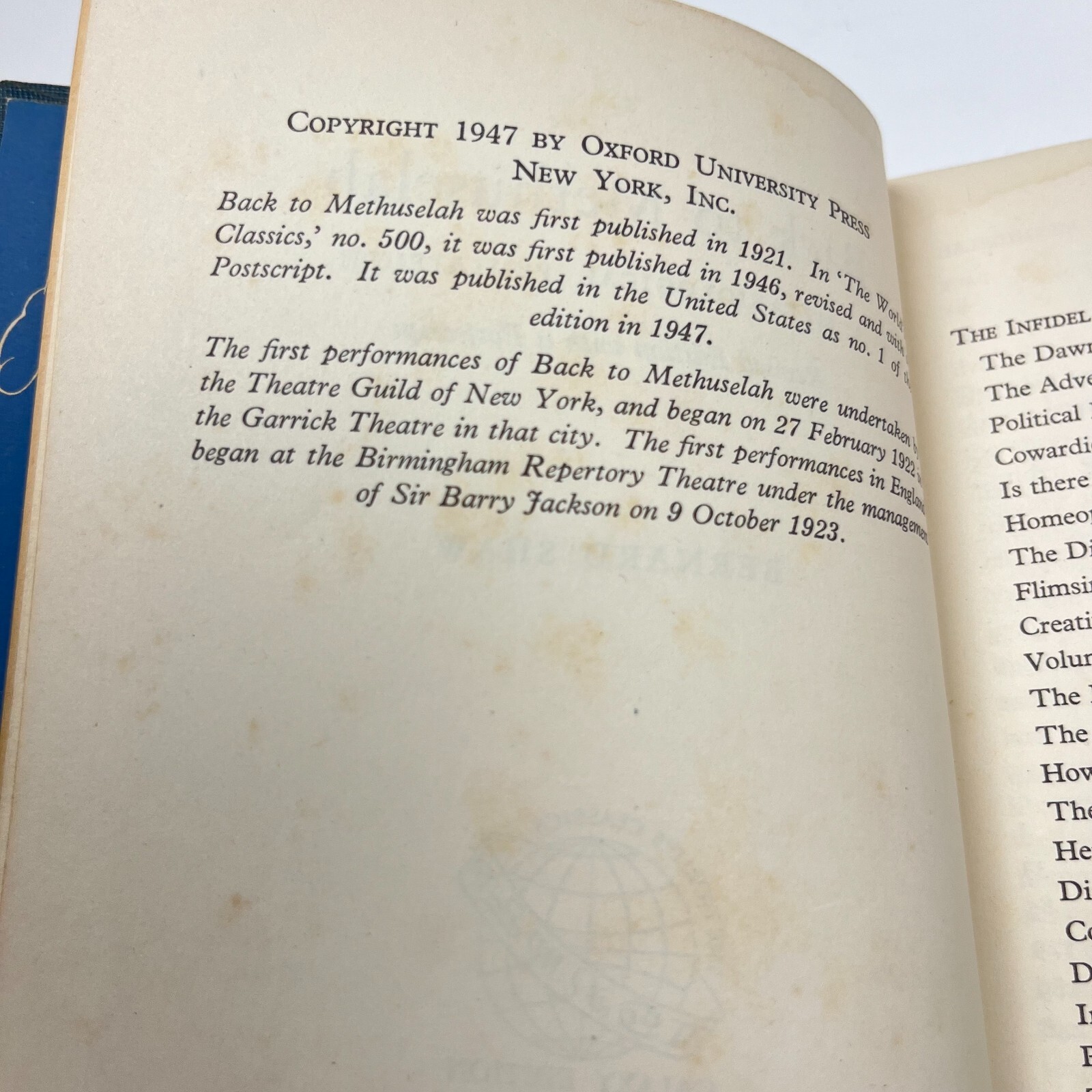 Back to Methuselah by George Bernard Shaw Oxford University Press 1947 Galaxy Ed