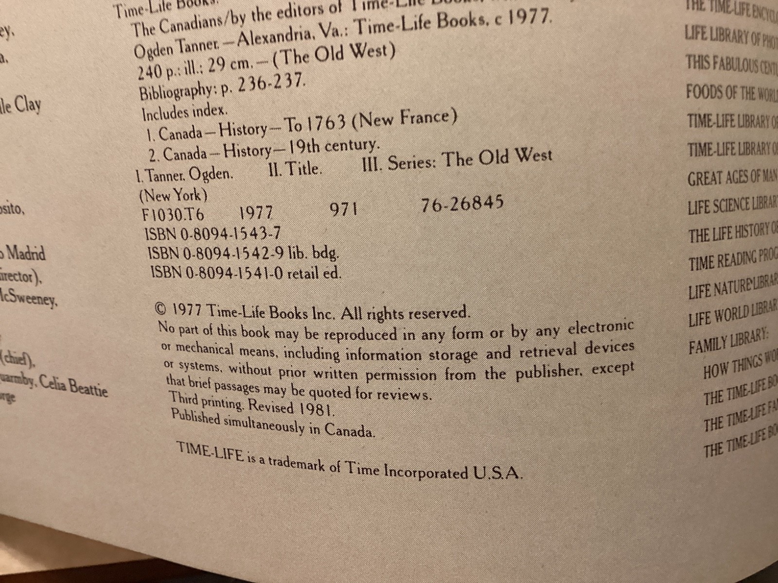 CANADIANS HARDCOVER ,OLD WEST SERIES, TIME/LIFE, 1981 THIRD PRINTING/FREE P & H