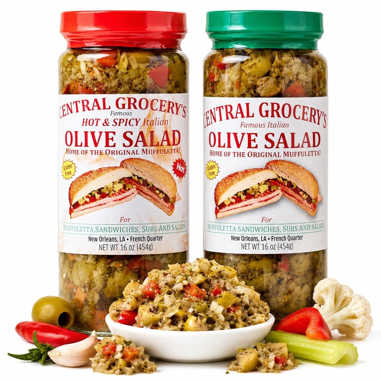 Delicious Olive Salad Combo – 16 oz – Hot & Original for Muffulettas, Sandwiches