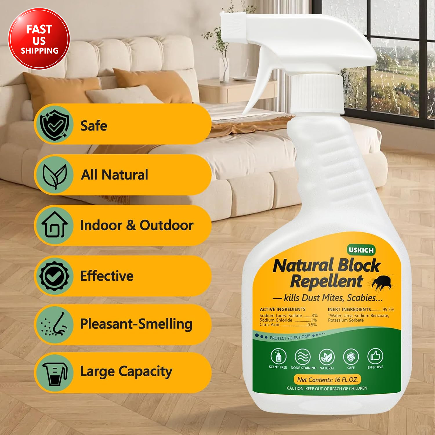 Mite Treatment Spray– 16 Oz – Kills Dust, Scabies, Spider, Carpet, Bird, Mouse &