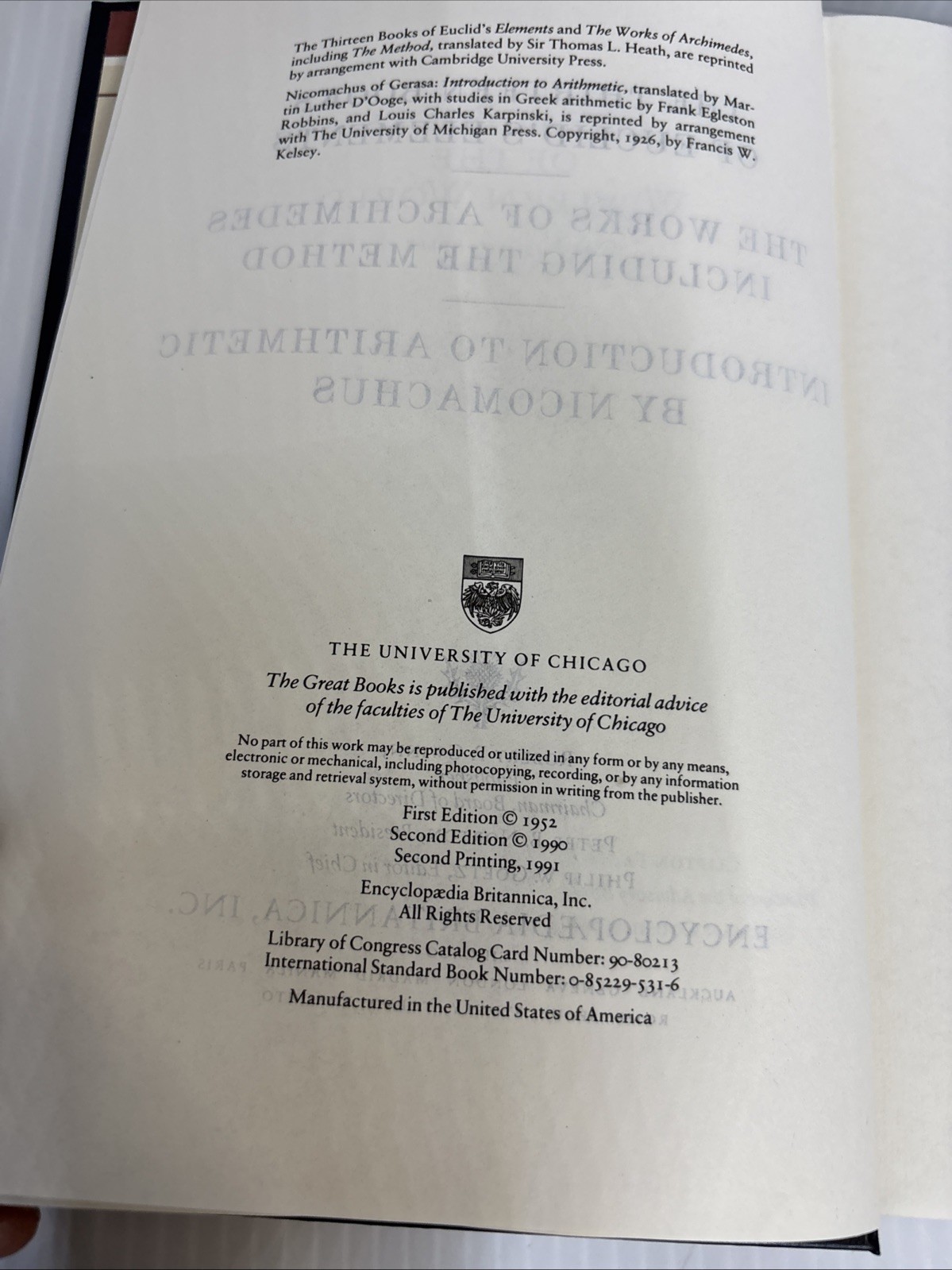 Great Books encyclopedia Euclid Archimedes Nicomachus Britannica #10/1990