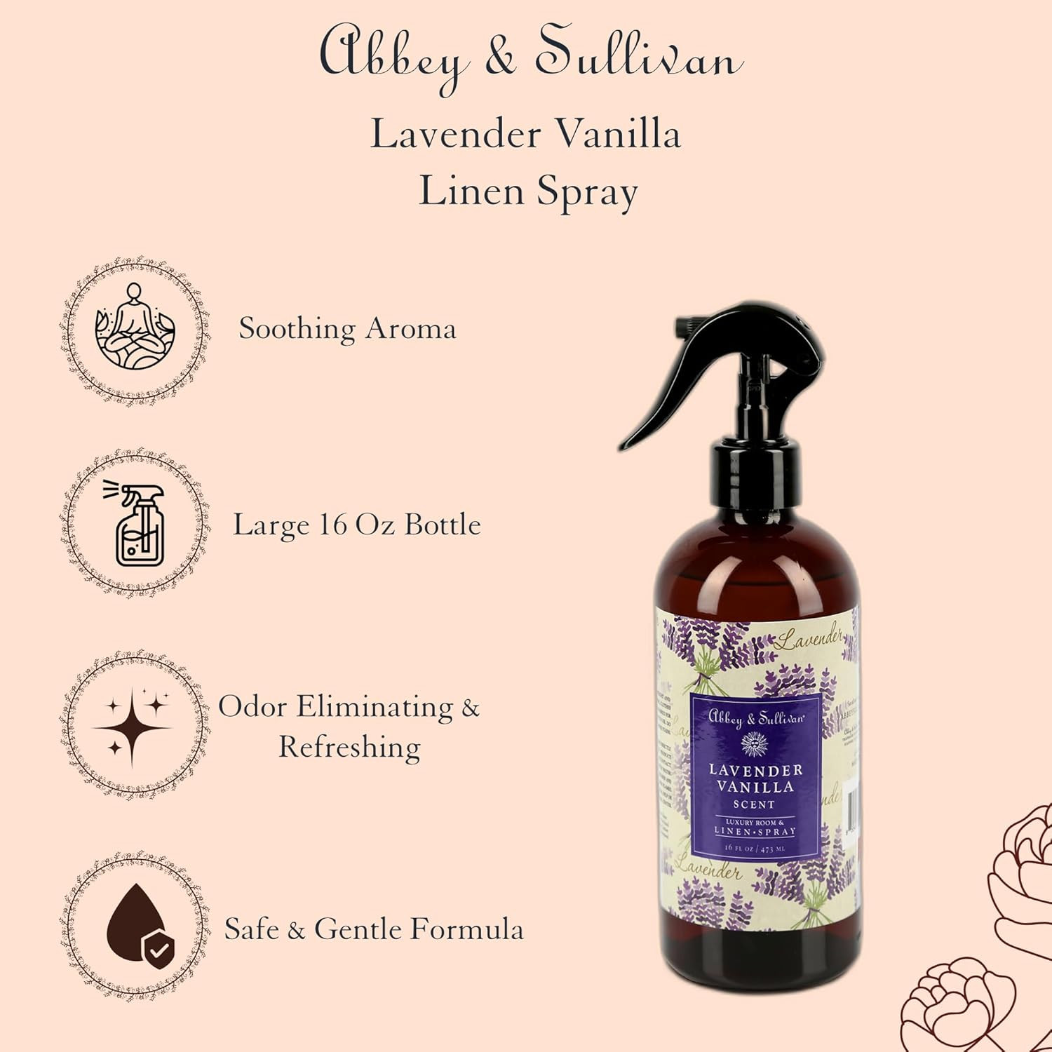 Odor Eliminating and Refreshing Linen and Room Spray, Lavender Vanilla, 16 Oz.