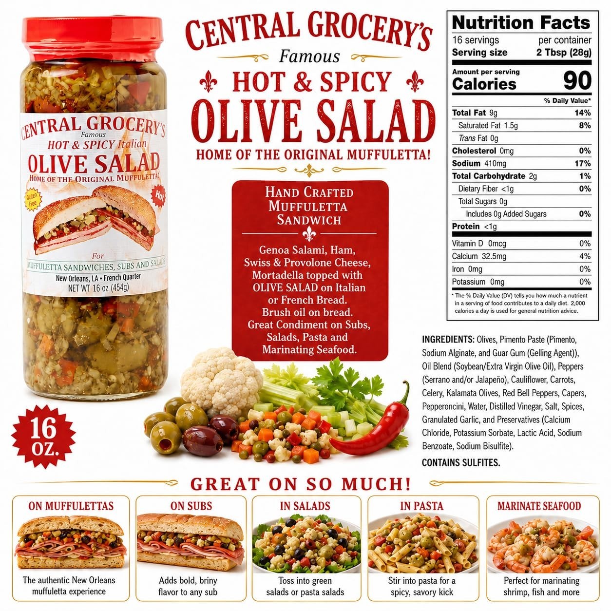 Delicious Olive Salad Combo – 16 oz – Hot & Original for Muffulettas, Sandwiches