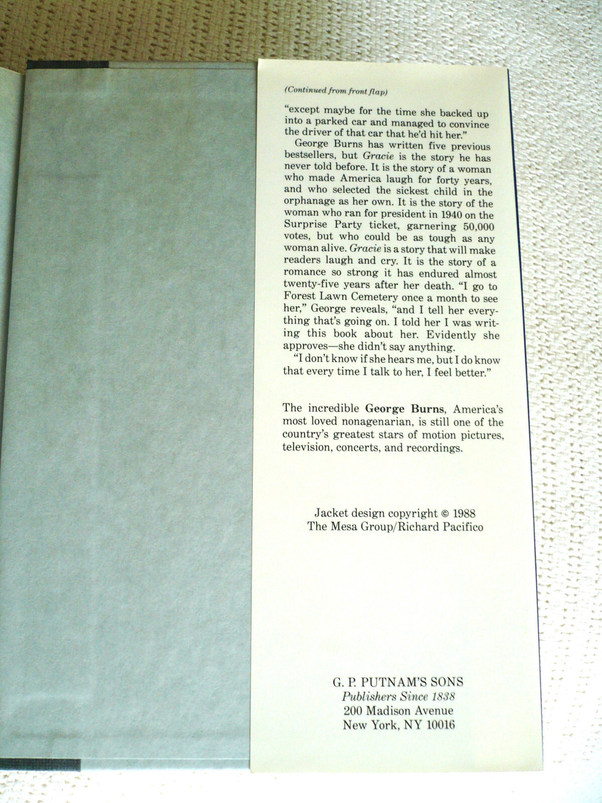 GRACIE A LOVE STORY by GEORGE BURNS – PUTNAM HARD COVER/DJ – 1988 – GOOD SHAPE!