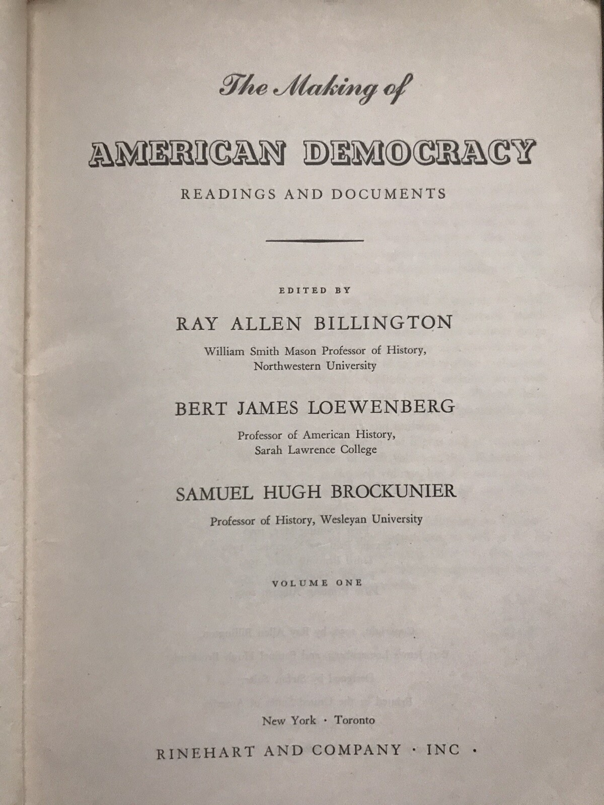 THE MAKING OF AMERICAN DEMOCRACY VOLUME 1 RAY ALLEN BILLINGTON 1952